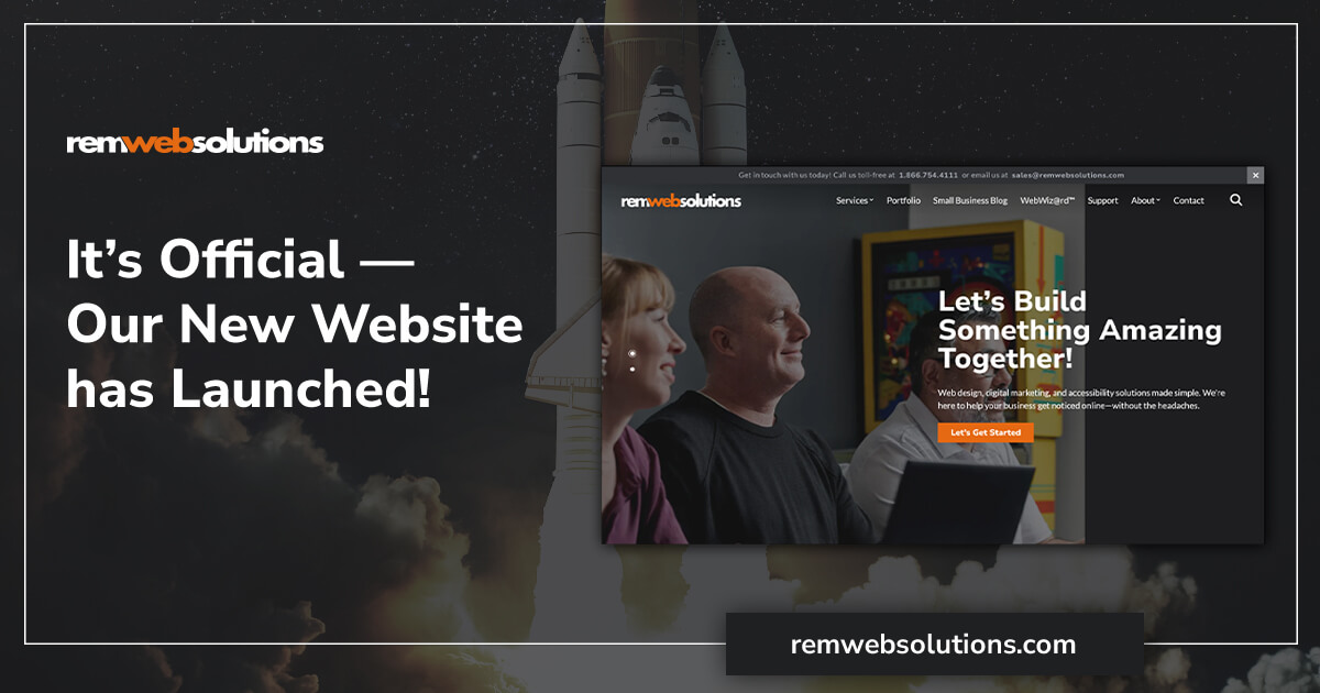 REM new website launch graphic with desktop mockup and rocket taking off in the background.